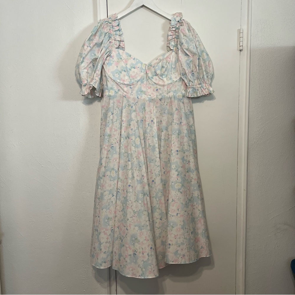 Selkie Pastel Floral Midi Dress in Light Pink, Blue and Cream